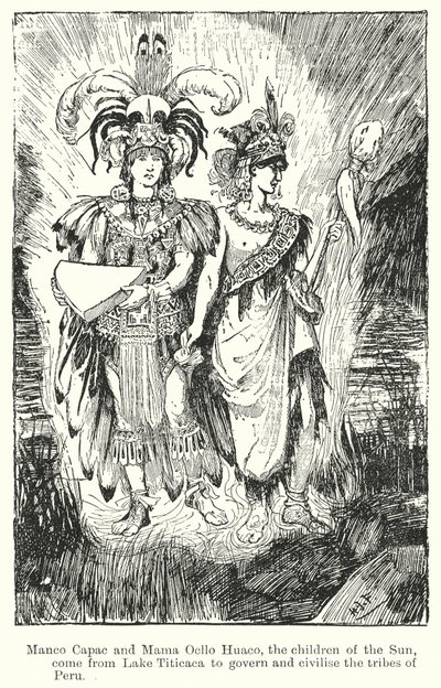 Manco Capac og Mama Ocllo Huaco, Solens børn, kommer fra Titicaca-søen for at regere og civilisere stammerne ... (litografi) af Henry Justice Ford