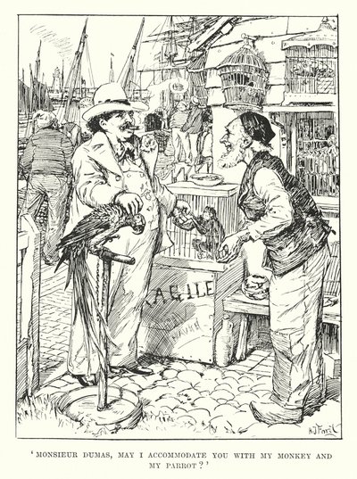"Monsieur Dumas, må jeg indlogere Dem med min abe og min papegøje" (kobberstik) af Henry Justice Ford