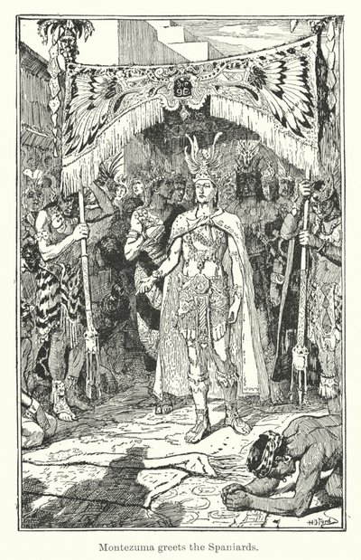 Montezuma hilser på spanierne (kobberstik) af Henry Justice Ford