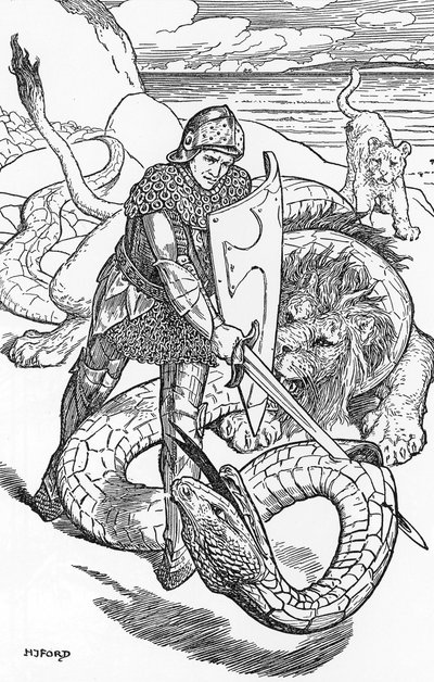 Percival fightint the slang Illustration af HJ Ford (1860-1940) fra "The book of romance" 1902 Privat samling af Henry Justice Ford