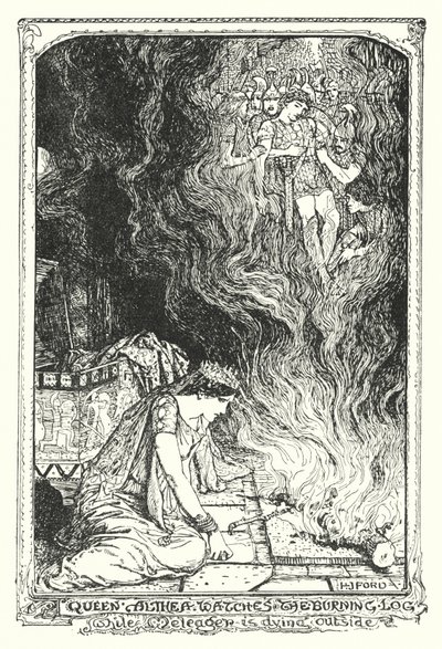 Dronning Althea ser på den brændende træstamme, mens Meleager dør udenfor (litho) af Henry Justice Ford