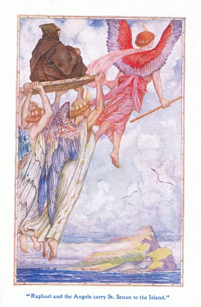 Raphael og englene bærer Sankt Sennan til øen, 1912 af Henry Justice Ford