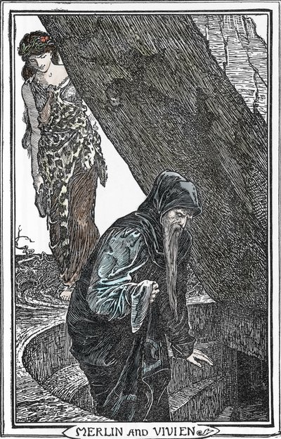 Repræsentation af Merlin the Enchanter og Fee Viviane (Merlin anc Vivien) Illustration af Henry Justice (HJ) Ford (1860-1941) fra "The book of romance"" 1902 Collection privee af Henry Justice Ford
