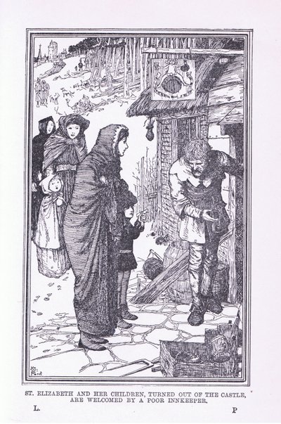 St Elizabeth og hendes børn, vendte ud af slottet og budt velkommen af den fattige kroejer, 1912 af Henry Justice Ford