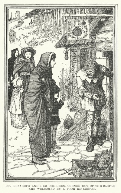 Den hellige Elisabeth og hendes børn, der er blevet smidt ud af slottet, bliver modtaget af en fattig krovært (litografi) af Henry Justice Ford