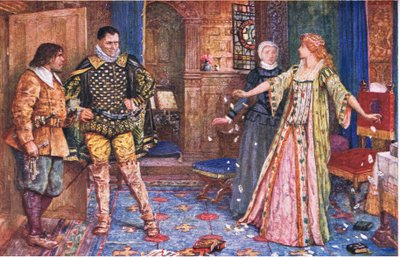 Grevinden af Leicester river sin mands brev i stykker i nærværelse af Varney og Foster, illustration fra Kenilworth, ca. 1910 af Henry Justice Ford