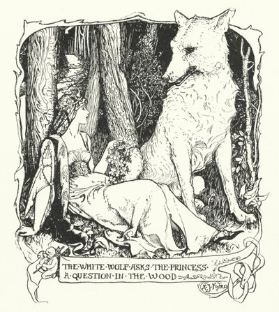 Den hvide ulv stiller prinsessen et spørgsmål i skoven (gravering) af Henry Justice Ford