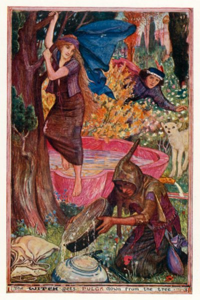 Heksen får Pulga ned fra træet (farve litho) af Henry Justice Ford