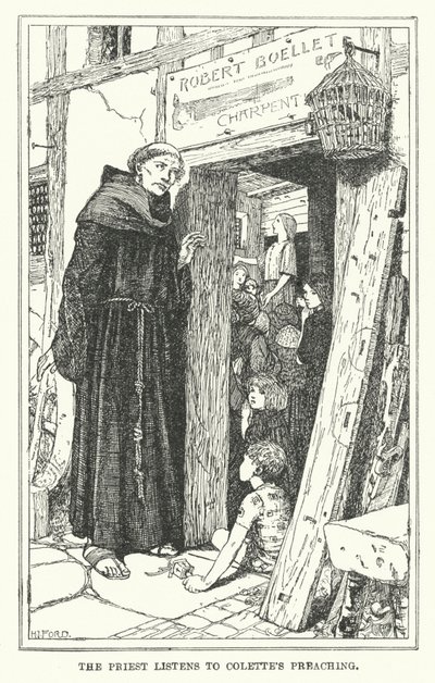 Præsten lytter til Colette prædiken (litografi) af Henry Justice Ford