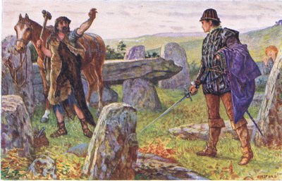 Tresilian konfronterer den mystiske beslagsmed, illustration fra Kenilworth, ca. 1910 af Henry Justice Ford