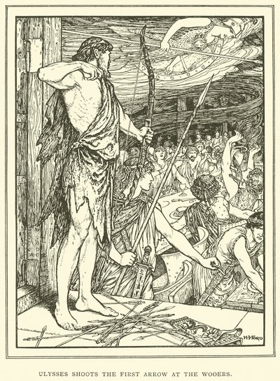 Odysseus skyder den første pil mod Wooers af Henry Justice Ford