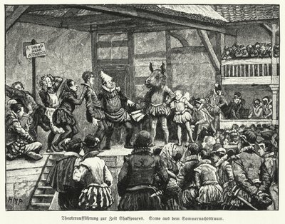 Opførelse af William Shakespeares skuespil En skærsommernatsdrøm i dramatikerens levetid (litho) af Henry Marriott (after) Paget