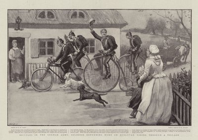 Cykler i den tyske hær, soldater, der vender hjem på furlough Riding gennem en landsby af Henry Marriott Paget