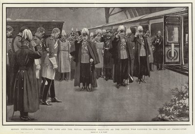 Dronning Victorias begravelse, kongen og de kongelige sørgende hilser, da kisten blev båret til toget i Paddington af Henry Marriott Paget