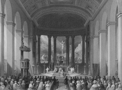 Fejring af højmesse juledag, romersk-katolske kapel, Moorfields, City of London (gravering) af Henry Melville