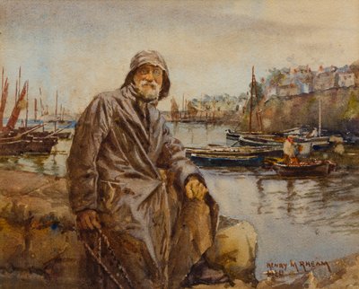Fisherman on Newlyn Harbour Wall, 1920 (wc på papir) af Henry Meynell Rheam