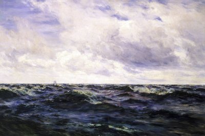 "Havbillede med et bådskilt til venstre og en kutter midt i en kapsejlads til højre, begge afbildet på meget stor afstand. af Henry Moore