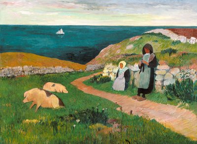 Unge bretonske piger i felten (olie på lærred) af Henry Moret