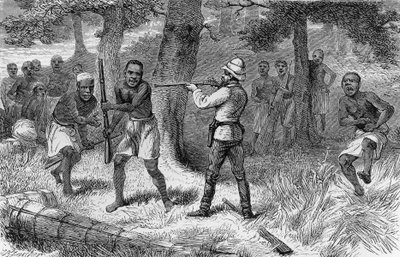 Alkuasukkaat kapinoivat Gombe-joen rannoilla Tansaniassa, kaiverrus kirjasta How I found Livingstone: matkat, seikkailut ja löydöt Keski-Afrikassa, kirjoittanut Henry Morton Stanley (1841-1904), Sampson Low, Marston, Low ja Searle, Lontoo af Henry Morton Stanley