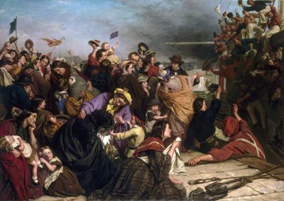 Afsked med immigranter, på en kaj i Themsen (England), beskrivelse af grupper af mennesker i alle aldre og sociale klasser, samt sømændene i røde og blå skjorter på båden, der vinker til mængden af Henry Nelson O