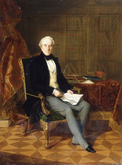 Portræt af Henry Pelham-Clinton, K.G., 4. hertug af Newcastle, holder et dokument, i sit studie, 1850 af Henry Nelson ONeil