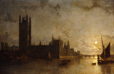 Westminster Abbey, The Houses of Parliament med konstruktionen af Westminster Bridge, 1859 af Henry Pether