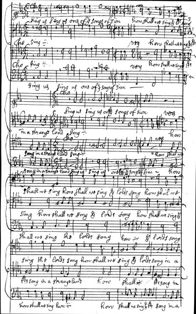 Autografmanuskript af partituret til Salme 137 Hvordan skal vi synge Herrens sang i et fremmed land, før 1683 af Henry Purcell
