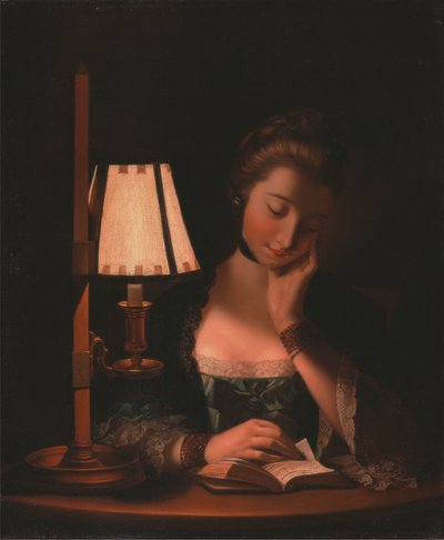 Kvinde læser ved en papirklokke af Henry Robert Morland
