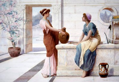 Gossip, ca. 1895 (akvarel om bord) af Henry Ryland