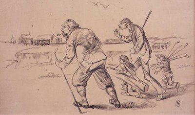 Golfspillere på vej til Practice on the Beach, illustration fra 