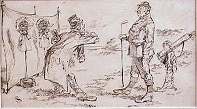 Golfspilleren bliver forstyrret af sælgeren, illustration til Graphic magazine, pub. c, 1870 af Henry Sandercock