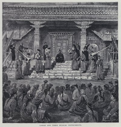 Lamaer og deres musikinstrumenter (litho) af Henry Sandham
