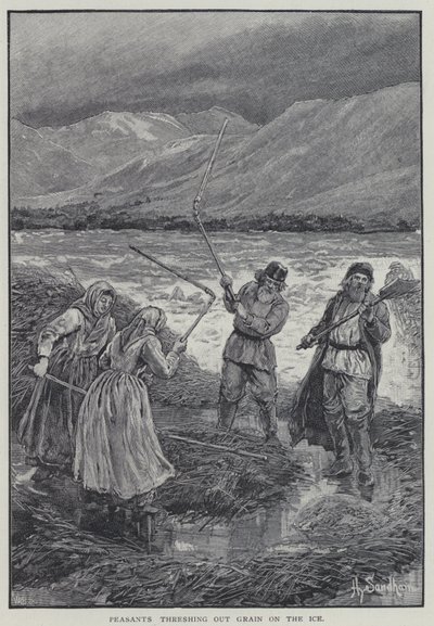 Bønder tærsker korn ud på isen (litho) af Henry Sandham