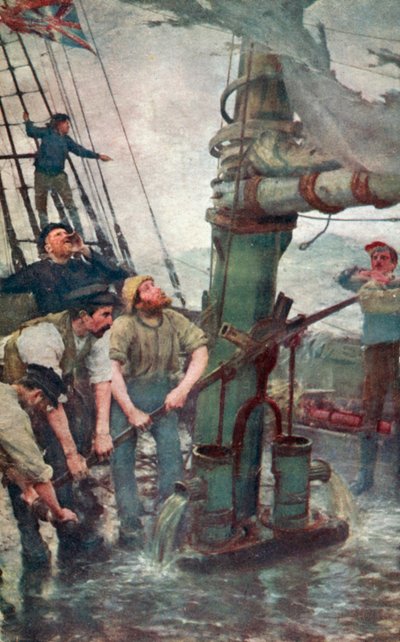 Alle hænder til pumperne (farve litho) af Henry Scott Tuke