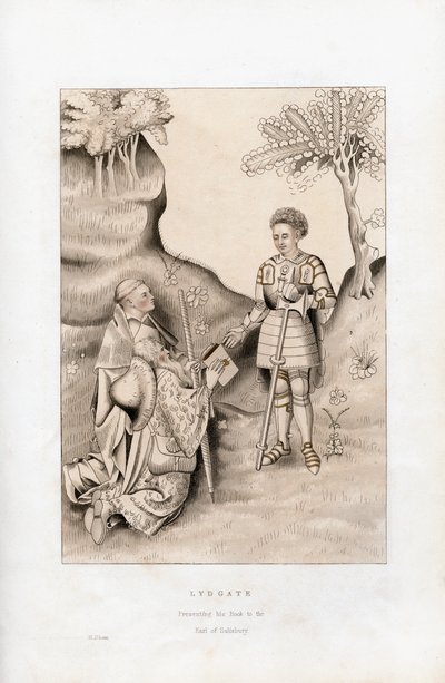Lydgate præsenterer sin bog for jarlen af Salisbury, 1426, 1843. af Henry Shaw
