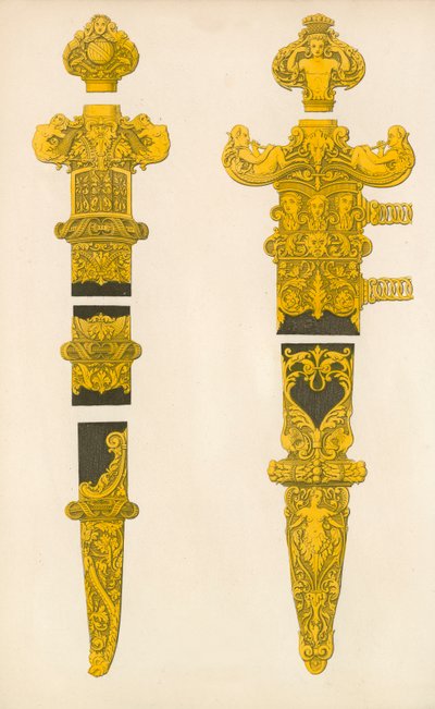 De dekorative dele af en dolk og et sværd, designet af Holbein, tidligt 16. århundrede af Henry Shaw