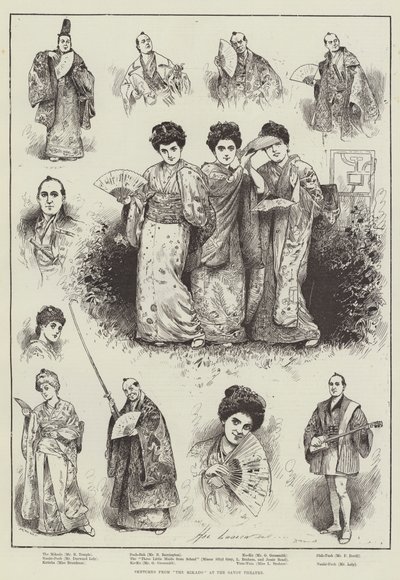 Skitser fra "The Mikado" på Savoy Theatre (gravering) af Henry Stephen (b.1861 fl.1880 1925) Ludlow