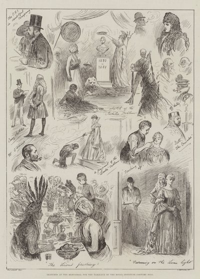 Skitser ved prøverne til tableauer til Royal Institute Costume Ball af Henry Stephen Ludlow