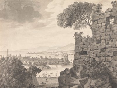 Landskab med ruiner i forgrunden, havn og landsby i baggrunden af Henry Swinburne