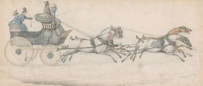 En gentleman kører med et firspand foran en postfæton, ledsaget af tre staldkarle af Henry Thomas Alken
