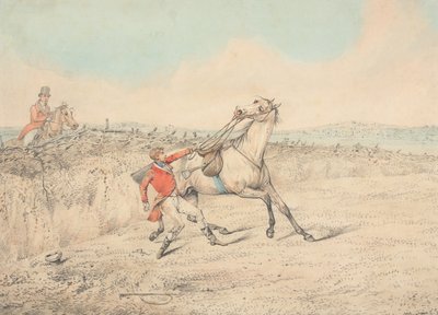 Rytter, der holder fast i en grå hest efter et fald af Henry Thomas Alken