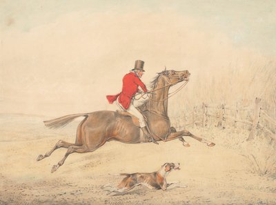 Rytter på en brun hest, der er ved at springe over et hegn mod højre af Henry Thomas Alken