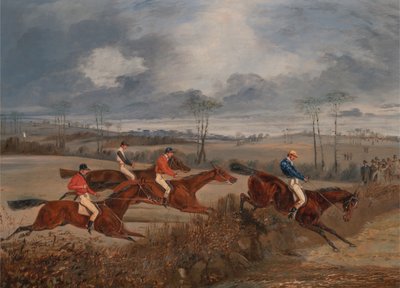 Scener fra en steeplechase: Taking a Hedge, ca. 1845. af Henry Thomas Alken