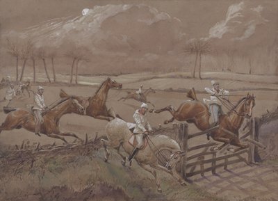 The Last Field nær Nacton Heath, plade 3, fra The First Steeple Chase on Record, indgraveret af J. Harris, trykt af Ackermann, London i 1839 (farvet akvatint) af Henry Thomas Alken