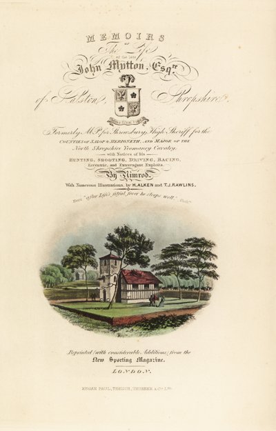 Titelside med kalligrafisk titel og vignet af engelsk Tudor af Henry Thomas Alken