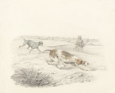 Two Pointers, vendt mod højre med en Sportsman (grafit & wc på papir) af Henry Thomas Alken