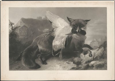 Lige fanget: en ræv har stjålet en and. Til R. Ausdell. Med adresse på Gambart af Henry Thomas Ryall