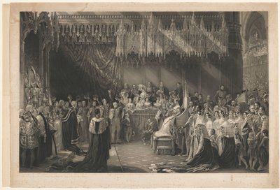 Kroning af dronning Victoria af England. Til George Hayter, adresse på Graves og Warmsby. Træsnitskitse og legende vedhæftet af Henry Thomas Ryall
