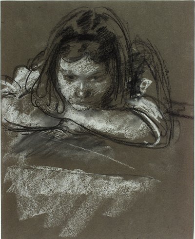 Hoved og skuldre af en pige ved et bord (kridt på papir) af Henry Tonks