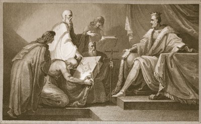 Dommedagsbog skænket til Vilhelm I, graveret af J. Fittler, illustration fra David Humes "The History of England", udgivet af R. Bowyer, London, 1812 af Henry Tresham
